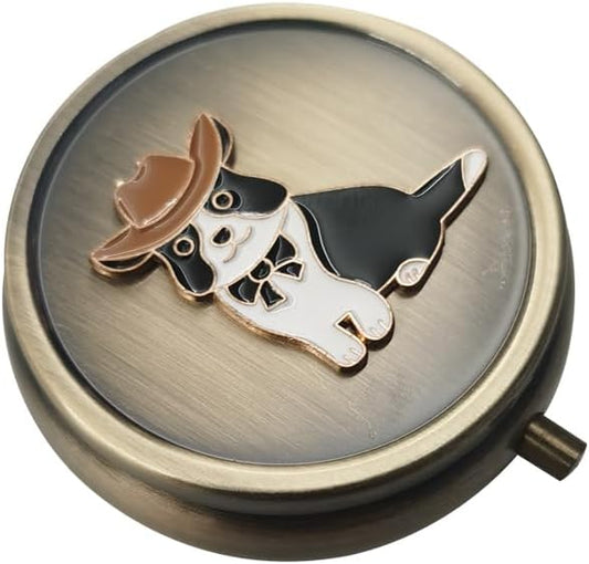 Cute Daily Pill Organizer Box - Round Metal Pill Box Medicine Pill Case Travel Weekly Vitamin Pill Organizer Small Pill Box for Purse, Mini Pocket Pill Case for Purse (Cutedog)