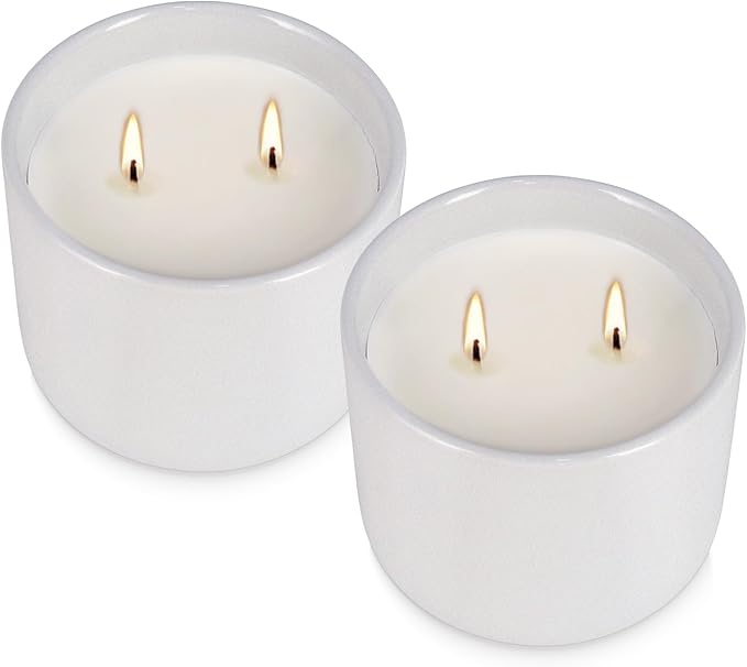 2-Pack Large Citronella Scented Candles - White Ceramic Double-Wick, Natural Soy Wax, Decorative Geometric Jar for Patio, Garden & Outdoor Decor