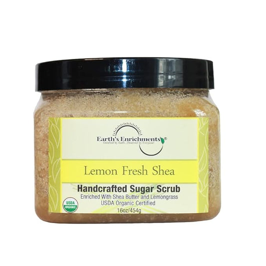 Sugar Scrub USDA Organic and Vegan, Lemongrass Body Scrub with Shea Butter, Refreshing, Gentle Exfoliant, Great for Rough, Dry Skin, Lips, Feet and Elbows, Coconut Oil and Avocado Oil, 16oz