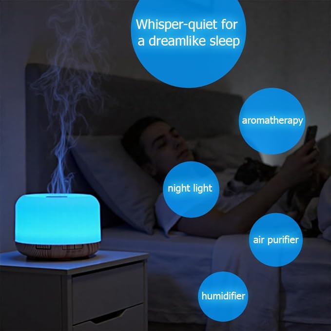 500ml Premium Essential Oil Diffuser,Quiet 4-in-1 Ultrasonic Aromatherapy Humidifier,7 Color LED Lights,with Adjustable Automatic Timer Off Function and Spray Mode. (Light Woodgrain, Basic Edition)