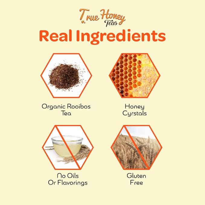 True Honey Rooibos Tea Bags - Honey Crystals Blended in Every Sachet - Decaf Red Rooibos Tea - All Natural Organic Herbal Caffeine Free Tea Bag 24 Count