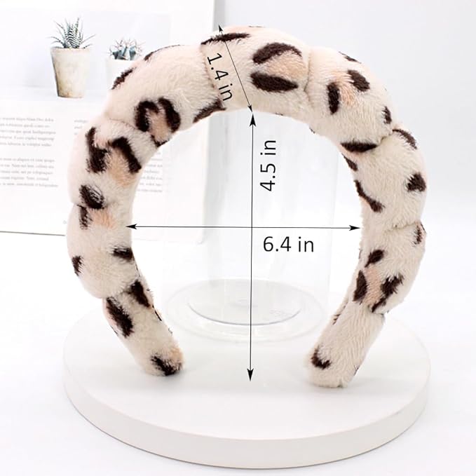 Spa Headbands for Washing Face or Makeup, Sponge Bubble Skincare Headbands, Puffy Terry Cloth Hairband for Women, Skin Care Makeup Headwear Hair Accessories for Girls (Leopard Khaki)