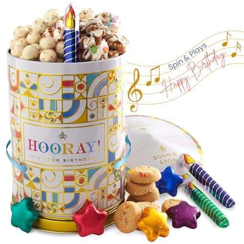 BONNIE AND POP - Birthday Gift Basket | Birthday Cookies, Sweets, Candy, Cake Flavors | Tin Spins, Plays Music Happy Birthday | Bonnie and Pop