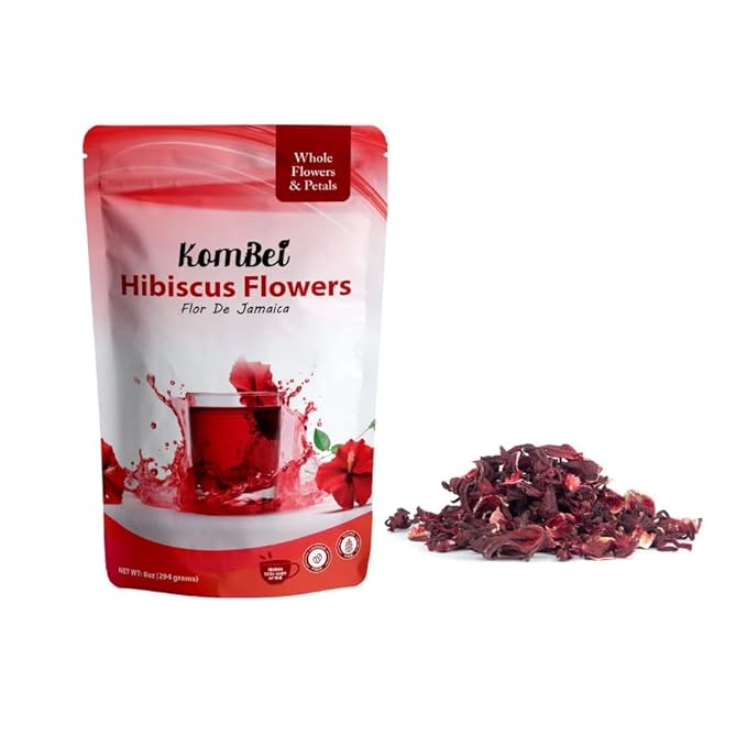 KomBei Loose Leaf Premium Hibiscus Tea, Flor de Jamaica (8oz) | Whole Flowers and Petals | Twice-Sifted | Herbal Tea | Caffeine-Free | Makes 110+ cups (8 oz)