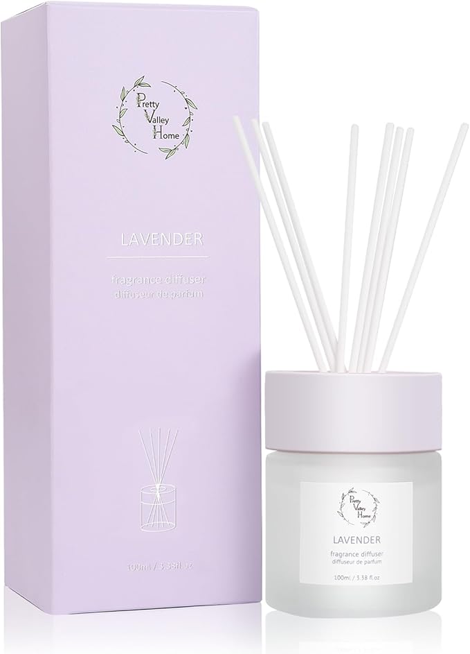 Reed Diffuser Set, Pretty Valley Home Diffuser 100Ml / 3.38fl OZ Gift Box - Includes Reed Diffuser Sticks, Fragrance Oil, and Glass Bottle for Bathroom Office Living Room Decor (Lavender)