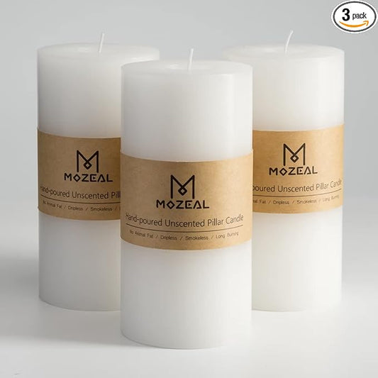MOZEAL 3" x 6" Hand-Poured Unscented Candle,Dripless Pillar Candle Set of 3,Long Lasting Burning,Approx 120 Hours Burn Time,Rustic Country Style,for Wedding,Dinner,Christmas and Home Decor,White