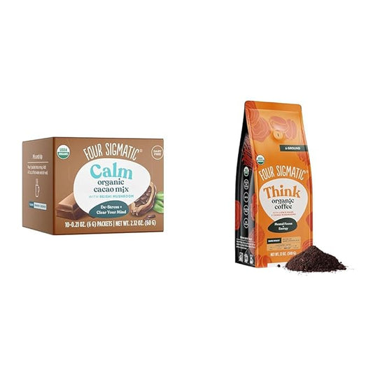 Four Sigmatic Calm Mushroom Cacao + Focus Ground Coffee Bundle | Organic Instant Cacao with Reishi to Support Calm, and Organic Coffee with Lion's Mane and Chaga for Better Focus and Immune Support