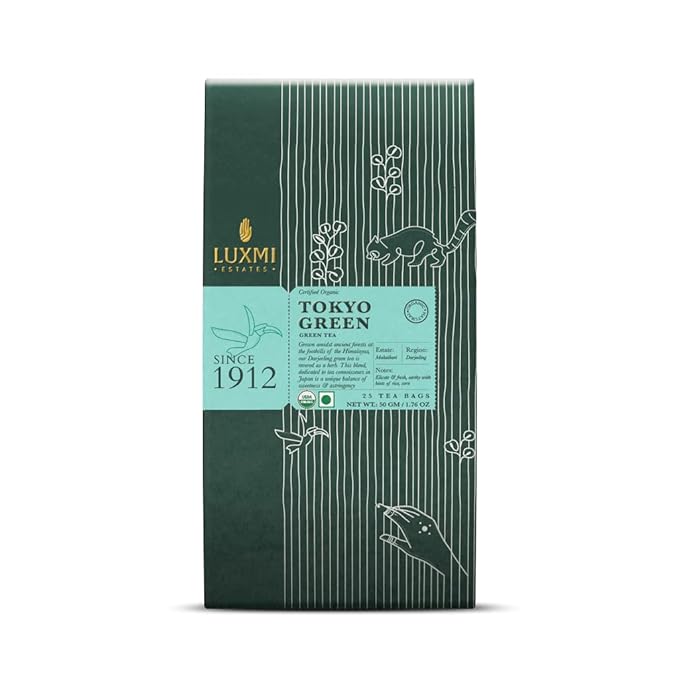 Luxmi Estates Tokyo Green Organic Green Tea (25 Tea Bags) Tea Bags For Relaxing, Calming, and Stress Relief, With Certified Organic Darjeeling Makaibari Green Tea