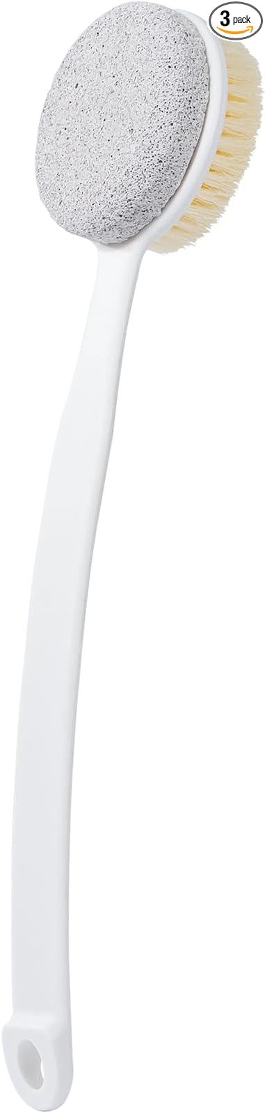 Foot File Callus Remover,Beomeen Pumice Stone for Feet with Long Handle, Hard Skin Callus Remover, 2 in 1 Foot Scrubber Brush, Back Body Brush for Shower Brush Deep Cleansing and Exfoliating (Curved)