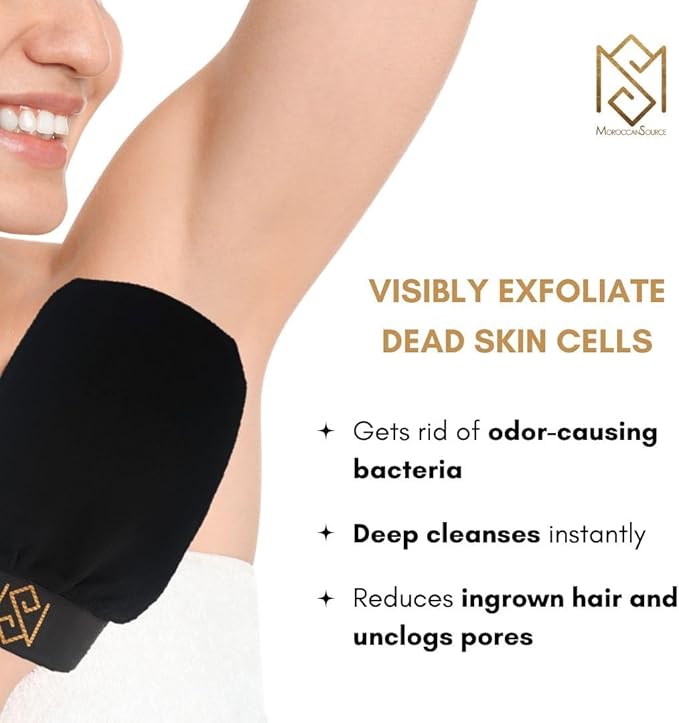 Exfoliating Glove Kessa Mitt Body Scrubber - Dead Skin Remover Shower Glove for Dead Skin Scrubbing and Deep Pore Cleansing - by MoroccanSource (1 Pack Black)