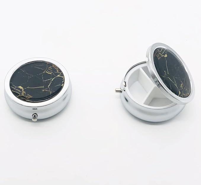 Gold Texture On Black Marble Background Pill Box Purse Pocket Small Round Silver Pill Case Decorative Box Metal Medicine Vitamin Pill Organizer Portable Unique Gift