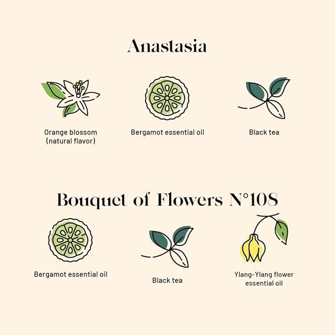 Kusmi Tea - Pack of 2 Boxes of Tea Bags - Anastasia + Bouquet of Flowers No.108 - Organic Black Tea with Bergamot + Organic Black Earl Grey Tea with Bergamot and Ylang-Ylang - 2x20 Tea Bags