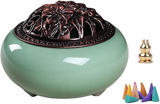 Ceramic Incense Burner Set with Brass Gourd Holder, Smudging Bowl for Incense Sticks, Cones, Sage, Frankincense & Palo Santo, Portable Ash Catcher for Home, Meditation, Yoga and Gift Giving (01)