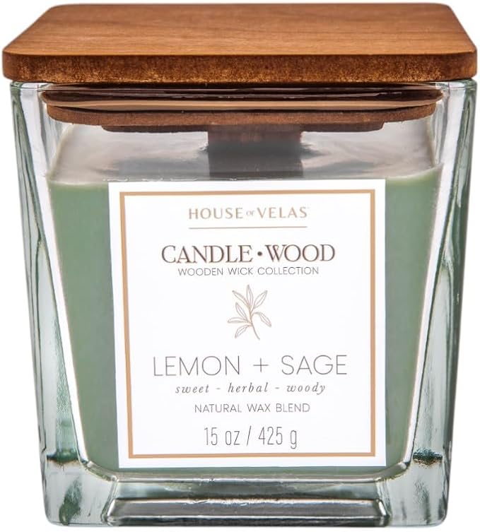 Candle Wood Collection, 15 oz, 1 Wooden Wick, Lemon + Sage, Square Glass Jar Candle