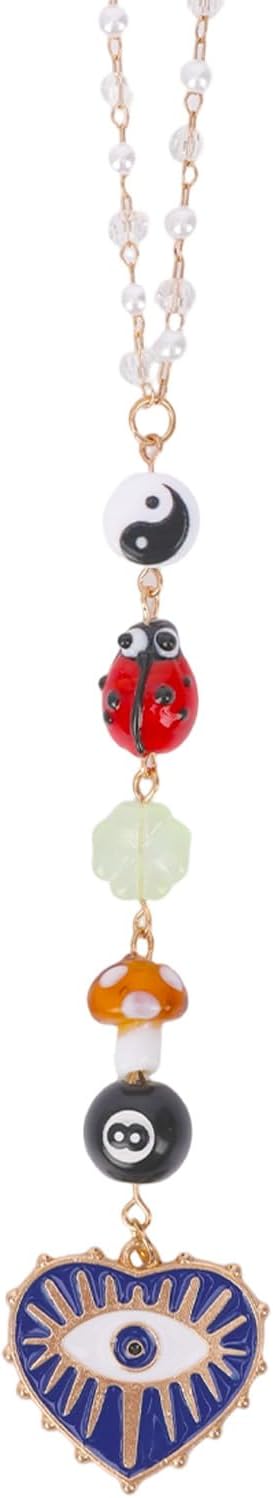 Evil Eye Car Rearview Mirror Charm - 8 Ball Mushroom Ladybug Hanging Ornament with Beads, Boho Style Cars Decor Pendant for Protection, Good Luck & Positive Energy Accessories