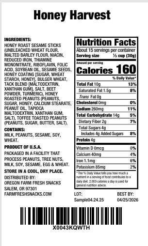 Oregon Farm Fresh Snacks Honey Roasted Mixed Nuts Snack Mix - Locally Made Honey Roasted Peanuts, Toffee Peanuts & Sesame Sticks Snacks - Perfect Sweet & Salty Nut Mix (16oz)