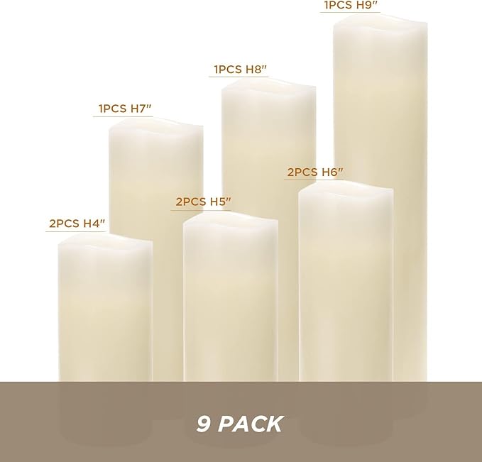 Hausware Flameless Candles Battery Operated Candles H 4" 5" 6" 7" 8" 9" Real Wax Pillar Flickering Candles LED Flameless Candles with Remote and Timer Control Set of 9 (Ivory Color)