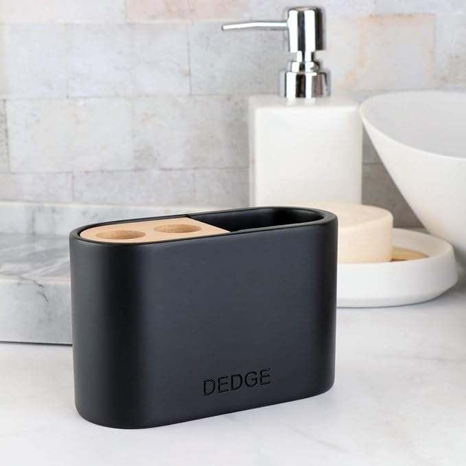 Dedge 3 Slots Bamboo Toothbrush Holder Electric Toothbrush Holder and Toothpaste Holder for Bathroom Countertop Accessories Storage,Toothbrush Holders for Bathrooms, Black Sandstone Style Organizer