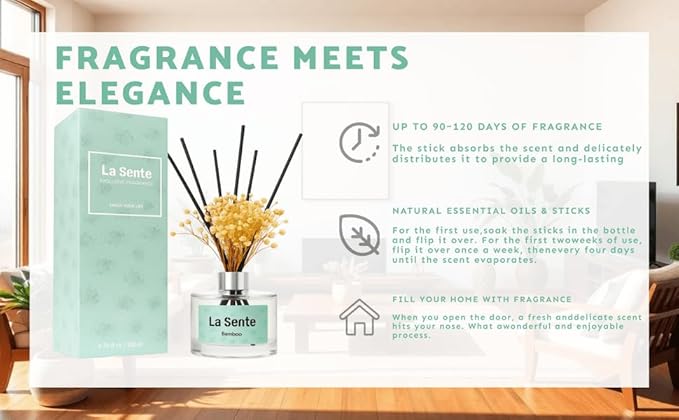 Reed Diffuser Set, Glass Bottle with Black Rattan Sticks, Dried White Flowers, 6.7fl oz, 200ml (Bamboo)