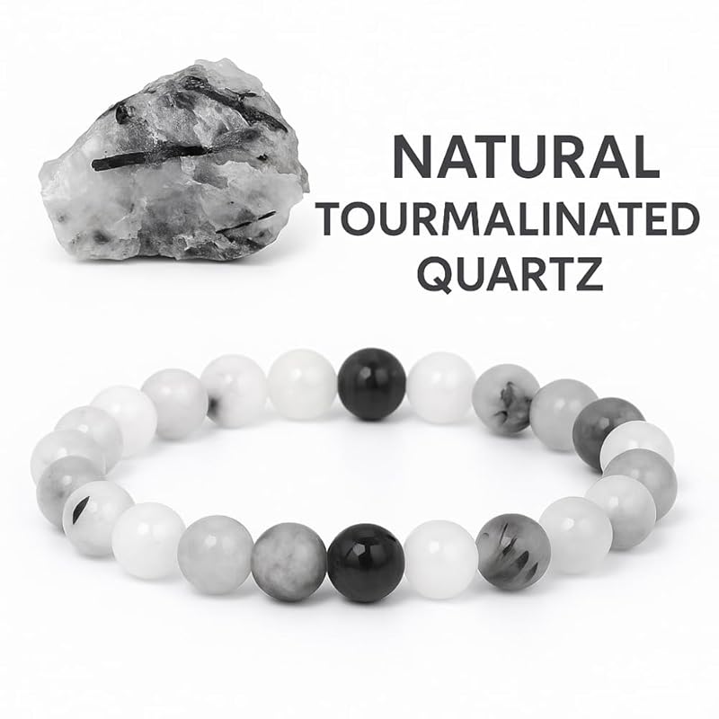 Black Rutilated Bracelet, Natural Healing Crystal Bracelet for Women and Men, 8mm Round Beaded Bracelet for Spiritual, Protection, Positive Energy, Elastic Adjustable Size Gemstone Bead Bracelet