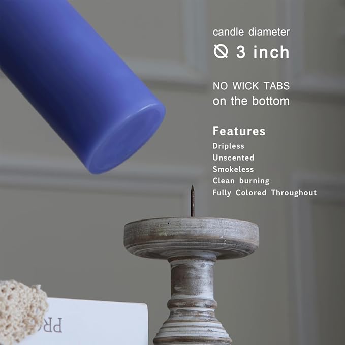 MOZEAL 3" x 4" Hand-Poured Unscented Candle, Dripless Pillar Candle Set of 3, Long Clean Burning, Approx 72 Hours Burn Time, Rustic Country Style,Wedding, Spring Awakening, Home Decor,、Deep Periwinkle