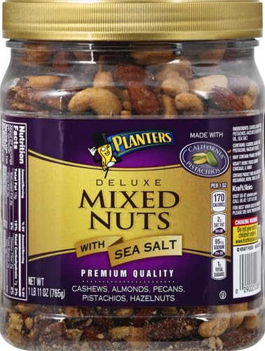 PLANTERS Deluxe Mixed Nuts, Cashews, Almonds, Pecans, Pistachios, Hazelnuts, Roasted with Sea Salt, Party Snacks, Plant-Based Protein Nut Mix, Snacks for Adults, After School Snack Mix, 27oz