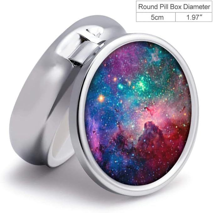 Generoc Galaxy Space Universe Pill Box Purse Pocket Small Round Silver Pill Case Decorative Box Metal Medicine Vitamin Pill Organizer Portable Unique Gift
