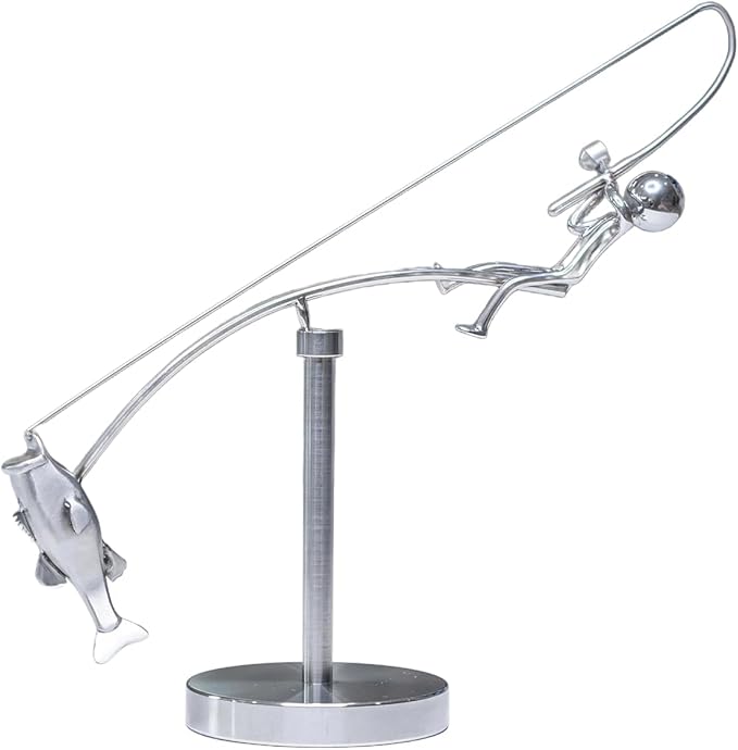Kinetic Fishing Sculpture - Fisherman & Bass Balancing Art - Unique Metal Balance Sculpture for Home or Office Decor