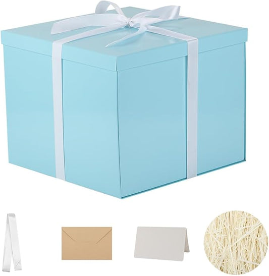 Large Gift Box with Lid 12.5x12.5x10 Inches, Blue Gift Boxes for presents Packaging for Birthdays, Valentine's Day, Christmas, Anniversaries (Include Shredded Paper Fill, Envelope Card Ribbon)