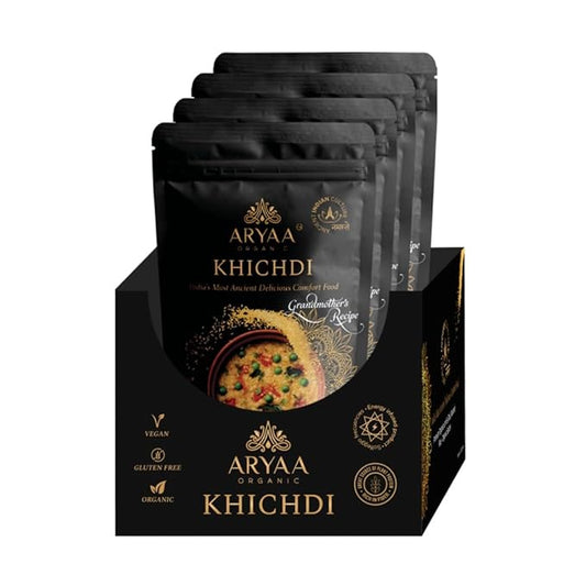 Aryaa Organic Khichdi 1.15lb (4 pack/220g) - Makes 16 Cups | Indian Risotto: Basmati Rice, Lentils & Spices, Organic, Gluten-Free, Non-GMO, Vegan, No Preservatives
