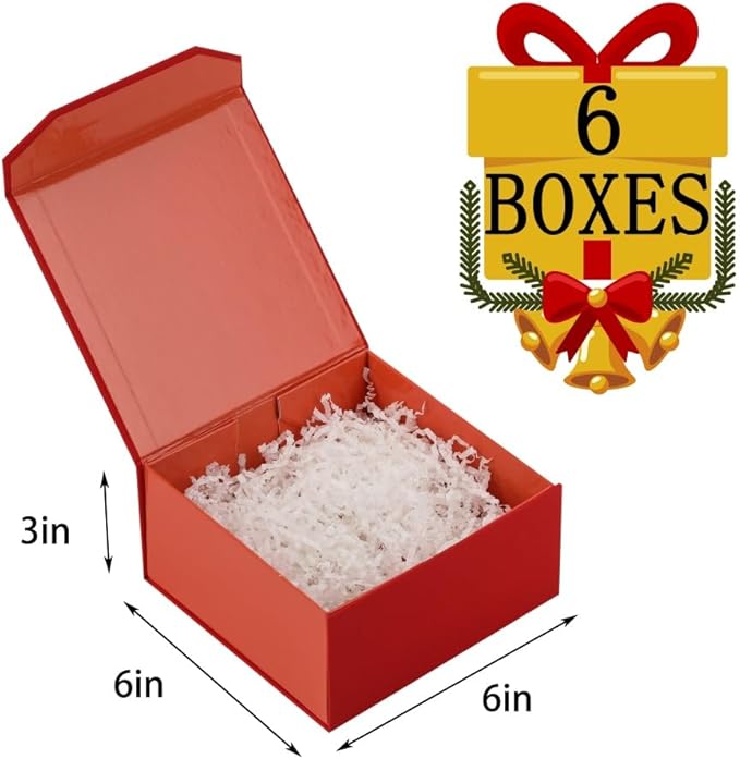 6 Pcs Small Red Gift Box 6x6x3 Inch Magnetic Gift Box Small Magnetic Box with Crinkle Paper Red Small Gift Box with Shredded Paper Luxury Gift Boxes with Lids for Presents