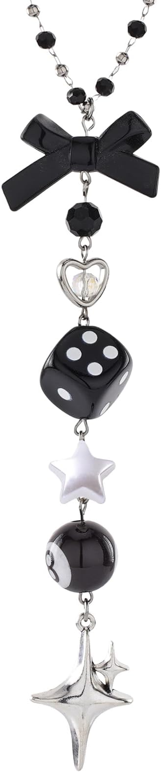 Black Bow Beaded Car Rearview Mirror Chain - Y2K Aesthetic Hanging Charm with 8 Ball & Star Pendant, Cute Car Interior Decor Ornament Accessory, Gift for Women Men