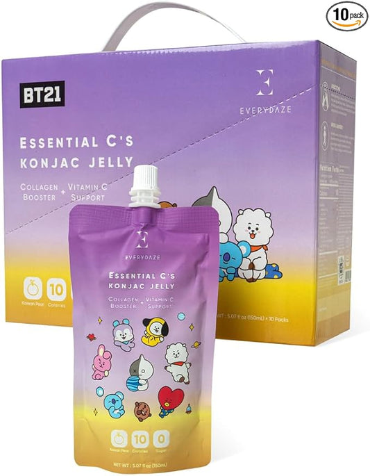 EVERYDAZE BT21 Essential C’s Konjac Jelly | Korean Pear | Vegan Collagen Peptides and Vitamin C | Gluten Free, Sugar Free, Low Calorie | Healthy Drinkable Fruit Snack | 10 Pack Box Food Drink Pouch