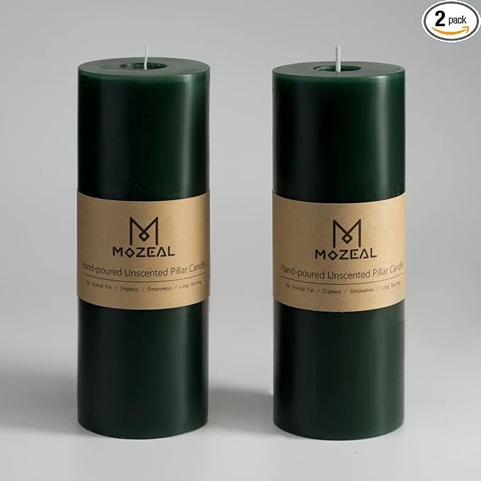 MOZEAL 3" x 8" Hand-poured Unscented Large Candle,Smokeless Rustic Pillar Candle Set of 2,Slow Burn,No Drip,Approx 150 Hours Burning,Wedding,Dinner,Christmas and Home Decorative,Tall Dark Green Candle