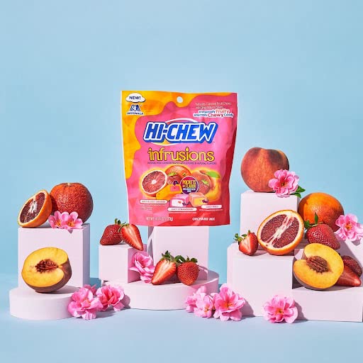 HI-CHEW Infrusions Blood Orange, Stawberry, Peach, 7 Mini Stand Up Pouches, 4.24oz each - Fun Soft & Chewy Candy - Immensely Juicy Fruity Flavors - Individually Wrapped Halloween Sharing Candy