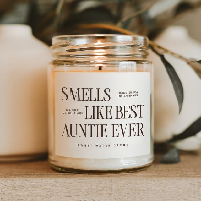 Sweet Water Decor Smells Like Best Auntie Ever Candle 9oz, Non-Toxic Soy Wax, Glass Jar with Gold Lid, Sea Salt Citrus Scent, Gift for New Aunt, Pregnancy Reveal, Baby Shower, Birthday & Mother’s Day