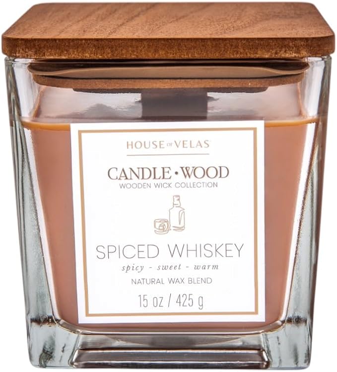 Candle Wood Collection, 15 oz, 1 Wooden Wick, Spiced Whiskey, Square Glass Jar Candle