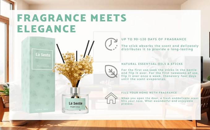 Reed Diffuser Set, Glass Bottle with Black Rattan Sticks, Dried White Flowers, 6.7fl oz, 200ml (Bright Citrus)