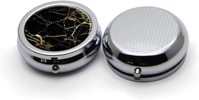 Gold Texture On Black Marble Background Pill Box Purse Pocket Small Round Silver Pill Case Decorative Box Metal Medicine Vitamin Pill Organizer Portable Unique Gift