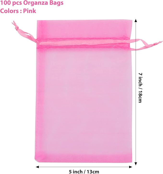 ANZNKU 100PCS Sheer Pink Organza Bags 5x7 inch Mesh Bags Drawstring, Small Mesh Gift Bag for Makeup, Mesh Bag Drawstring, Organza Favor Pouches for Party Wedding Mesh Festival
