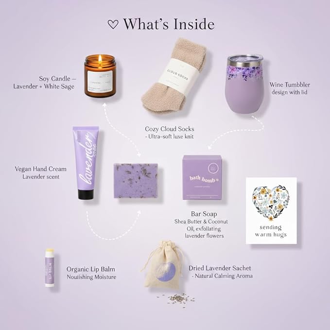 Unboxme Lavender Spa Gift Basket For Women - Mother's Day Relaxation Gift Set with Scented Candle, Wine Tumbler, Bath Bomb, Soap, Socks & Hand Cream - Self Care Package with Card
