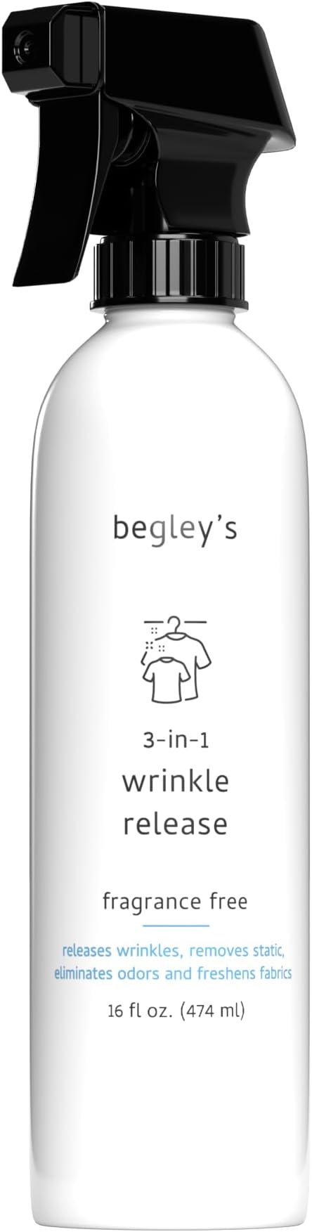Begley's 3-in-1 Wrinkle Remover, Quick Fix Wrinkle Release, Static Cling Remover, Odor Eliminator and Fabric Refresher Spray - USDA Certified Biobased - Fragrance-Free, 16 oz
