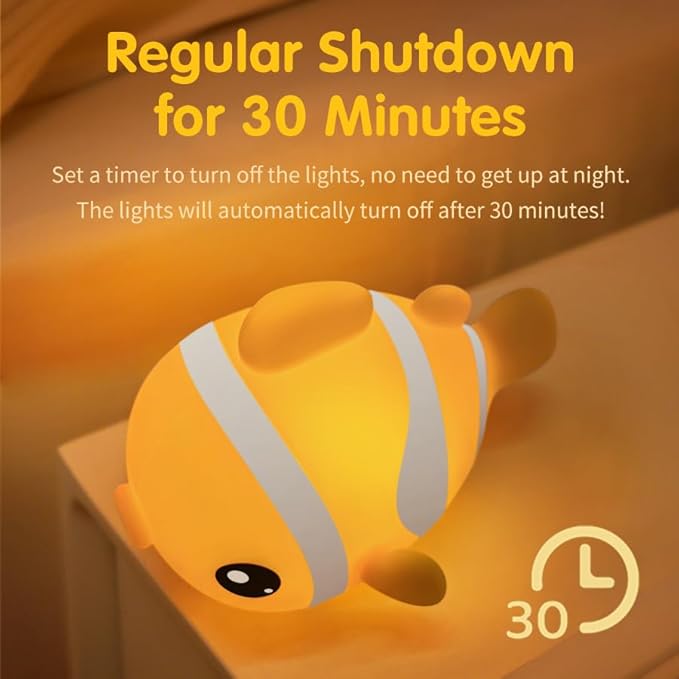 Clownfish Silicone Night Light for Kids – 3-Level Dimmable Tap Lamp with Timer, Soft BPA-Free Nursery Nightlight for Baby & Toddler, USB-C Rechargeable, Bedside Breastfeeding Light