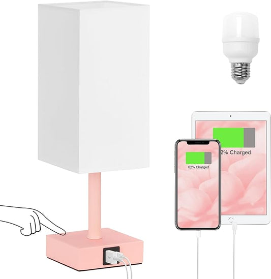 Ambimall Touch Control Table Lamp with USB A+C Charging Ports - 3 Way Touch Lamps Bedside, Nightstand Lamp for Bedrooms, LED Bulb Included(White Shade & Pink Base)