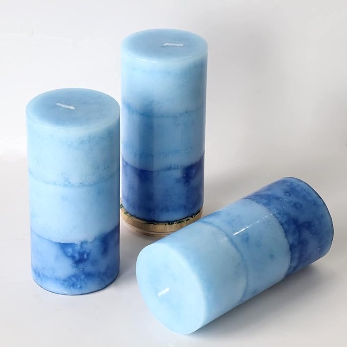 Lilac Scented Pillar Candles - 3 Pack Blue Layered 3x6 Inch Long-Lasting Clean Burning Decorative Candle for Home Decor and Bathroom Decorations