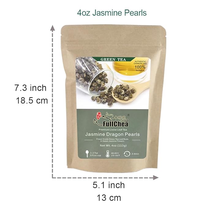 FullChea - Jasmine Pearl Tea - Jasmine Dragon Pearls - Loose Leaf Green Tea - Jasmine Green Tea with Delightful Aroma 4oz / 113g (Pack of 2)