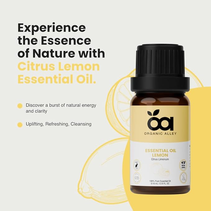 Lemon Essential Oil by Organic Alley (0.33 Fl Oz) | 100% Pure, Undiluted, Natural Citrus Limonum Oil | Lemon Oil for Skin, Cleaning, Therapeutic Grade | Fresh, Zesty Scent