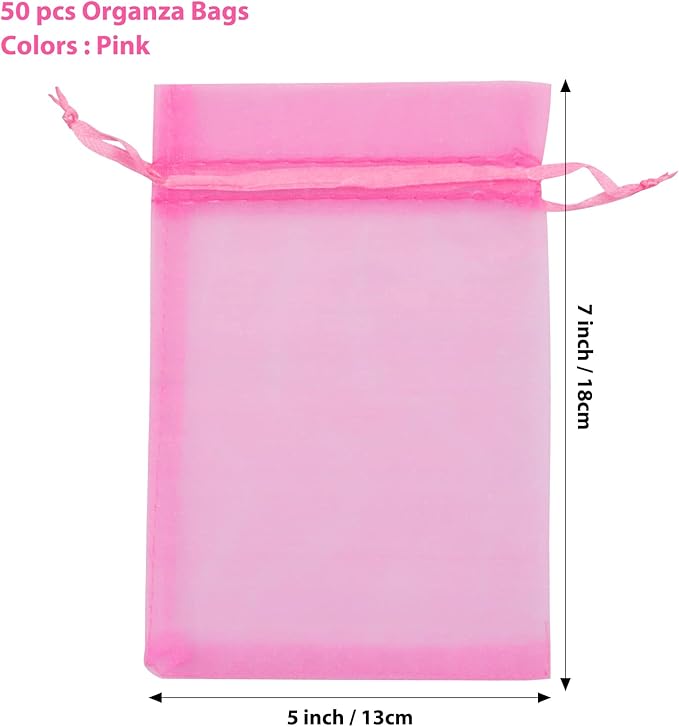 ANZNKU 50PCS Pink Organza Bags 5x7 inches Mesh Bags Drawstring, Mesh Oraganza Gift Bag Small Mesh Gift Bag for Party, Wedding, Premium Sheer Party Favor Pouches Drawstring