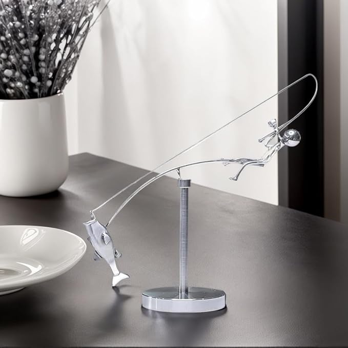 Kinetic Fishing Sculpture - Balance Art for Your Space, Fisherman Kinetic Balancing Desk Toy Fishing Physics Sculpture for Home Office Art Deco, Stainless Steel Balance Physics Toy 1PCS