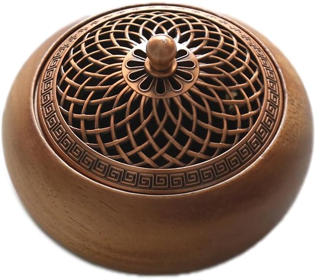 Round Incense Burner - Handcrafted Wooden Censer with Alloy Lid for Sticks/Cones/Sage, Natural Wood Aroma Tray Holder for Yoga Meditation